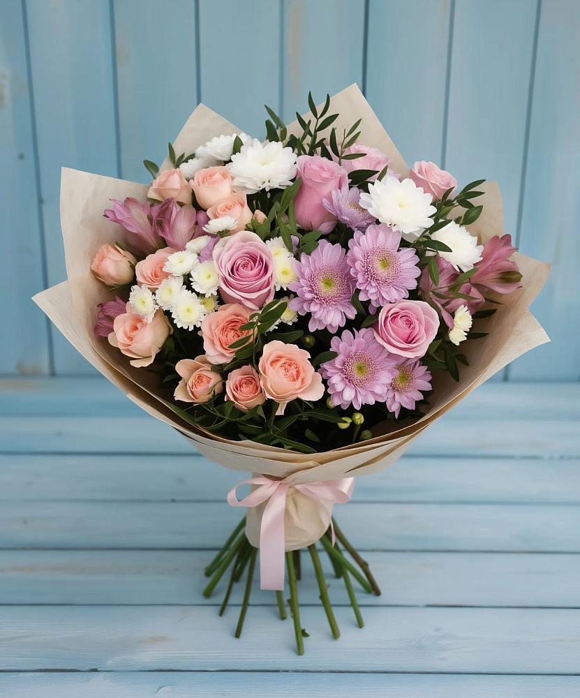 Букет цветов из: Хризантемы, Розы и Альстромерии в Осе Иркутской области