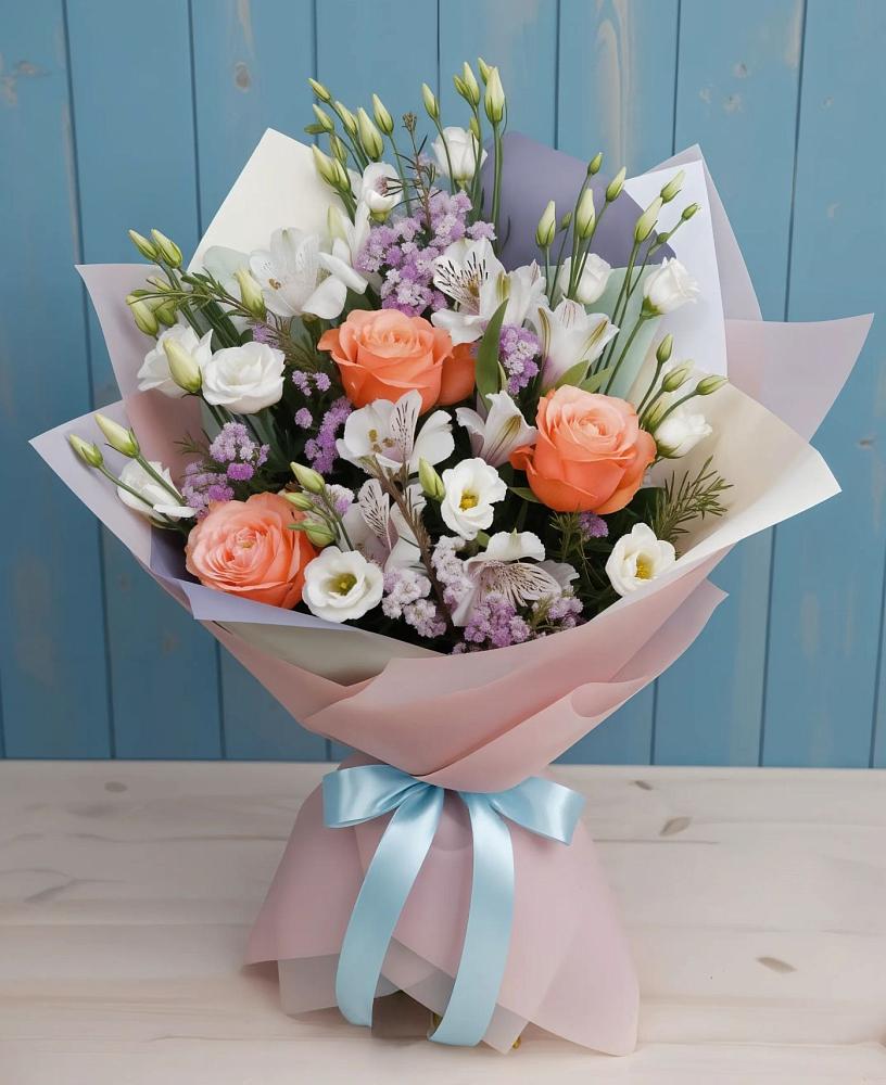 Букет цветов из: Лизиантусы, Розы, Альстромерии и Гипсофила в Осе Иркутской области