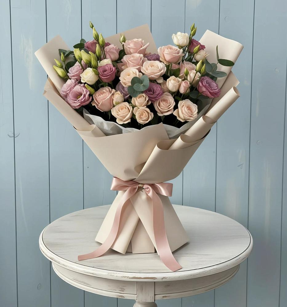 Букет цветов из: Розы и Лизиантусы в Осе Иркутской области