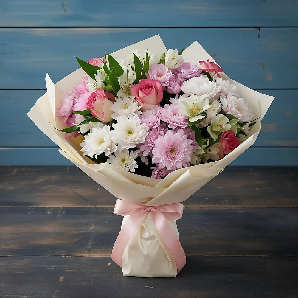 Букет цветов из: Хризантемы, Альстромерии и Розы в Осе Иркутской области